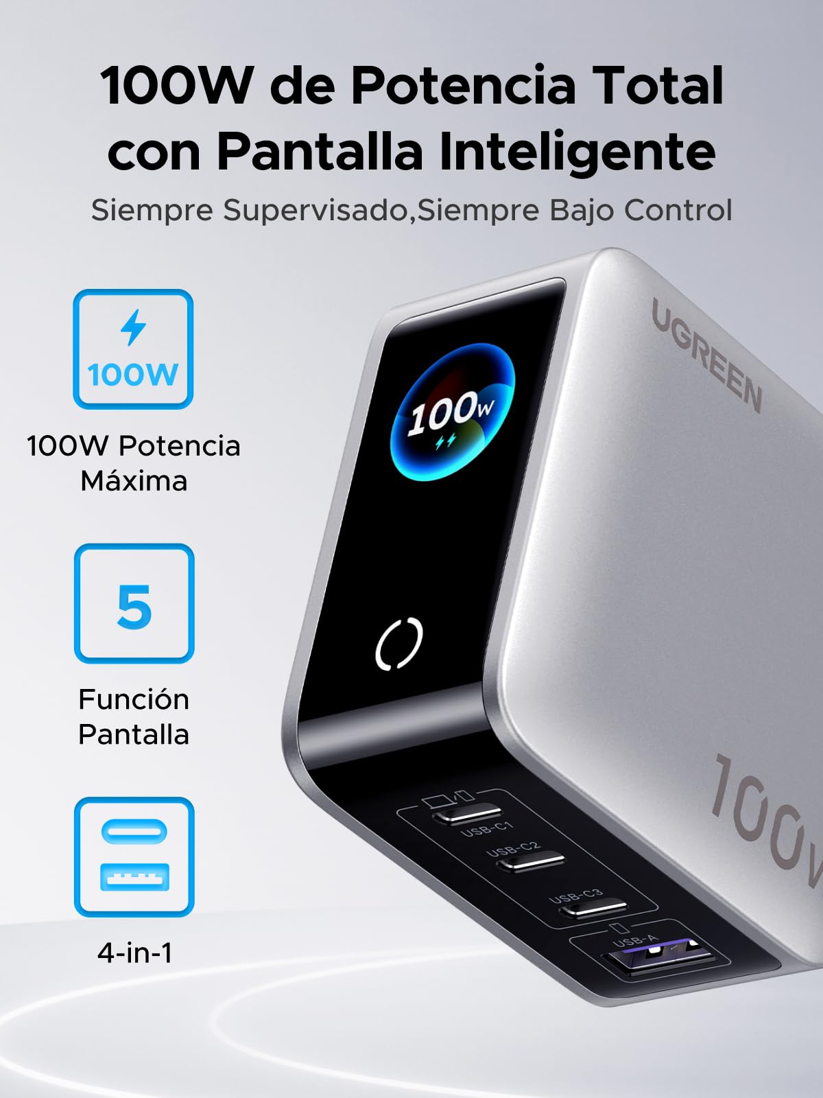 UGREEN Nexode Pro 100W Cargador USB C Carga Rápida Pantalla TFT | 4 Puertos, PD 3.0, PPS 45W, Compatible con iPhone 17 Pro MAX Air 16 15 Galaxy PPS 45W S26 25 Pixel 10 iPad MacBook M5 M4