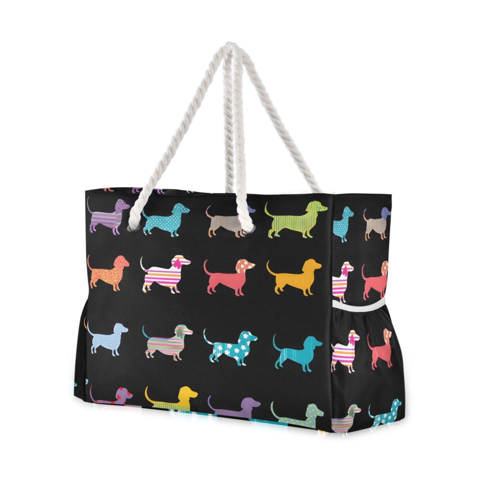 ALAZA Black Dachshund Puppy Animal Dog Tote Bag Beach Large Bag Rope Handles for Shopping Groceries Travel Outdoors