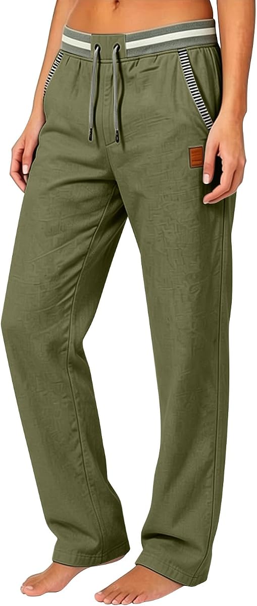 Pantalones de lino de algodón para mujer de gasa con cordón de cintura alta, pierna recta, pantalones casuales con bolsillos