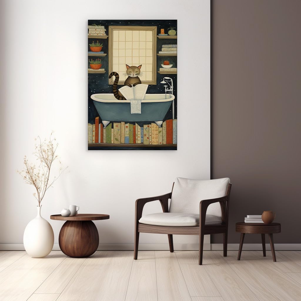 Canvas for Living room. Whiskers and Wisdom: A Feline Scholar's Bathtime Book Haven, 27 x 18 inch Canvas Wall Art - Ready to Hang - 69x46 cm (27x18 inch)