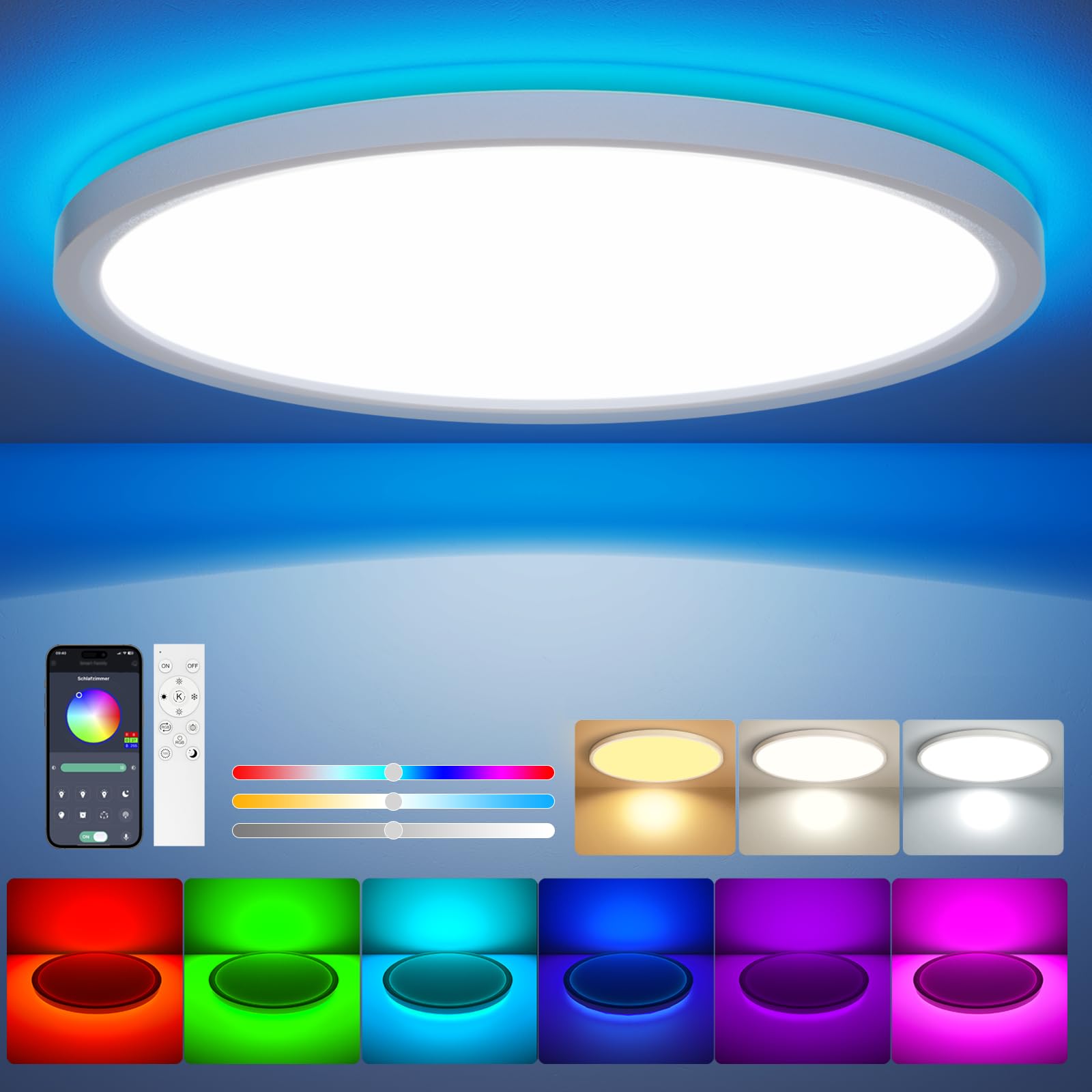 Aphyni LED Deckenleuchte Dimmbar mit Fernbedienung,24W RGB Farbwechsel Deckenlampe Rund Flach Deckenbeleuchtung,3000K-6500K,App Intelligente Steuerung,für Schlafzimmer Küche Wohnzimmer[EnergieklasseD]