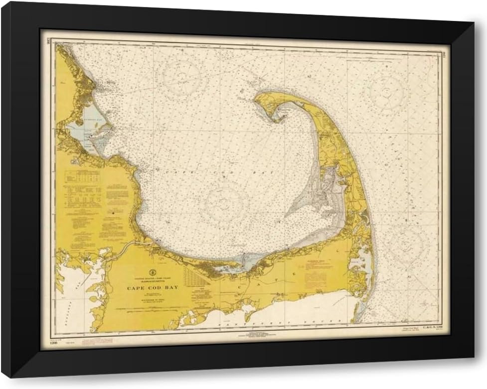ArtDirect Nautical Chart - Cape Cod Bay ca. 1970 - Sepia Tinted Custom Framed Art Print Giclee Print or Canvas Options with Various Sizes and Customization by NOAA Historical Map-Chart