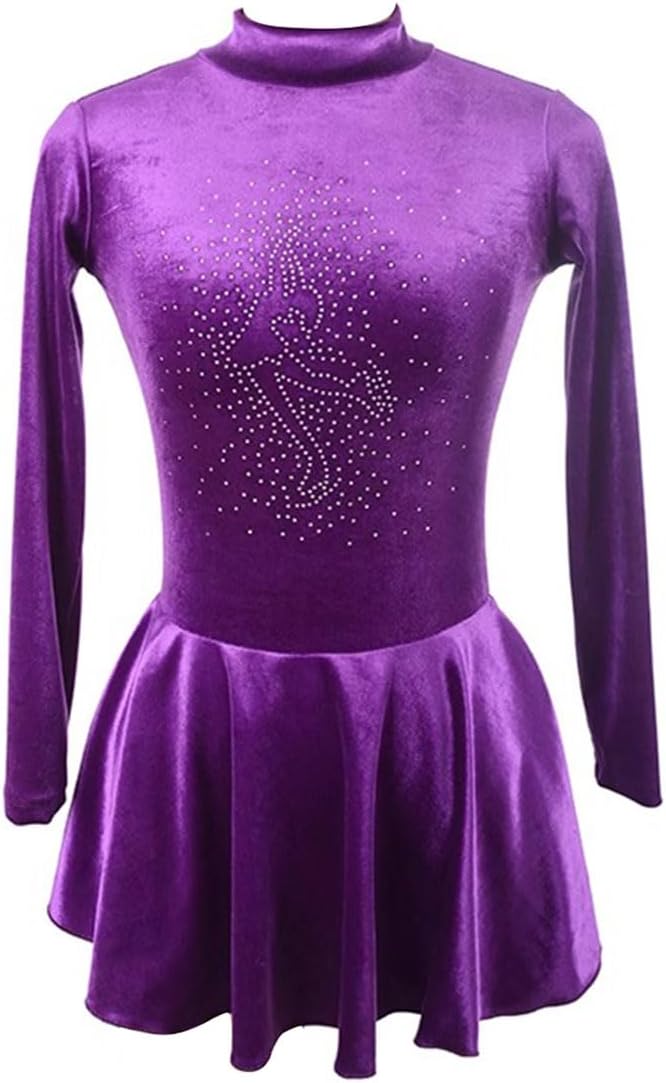 Figure Skating Dress Women Velvet Long Sleeves Rhinestones Gymnastics Leotard Ballet Dance Wear Outfit