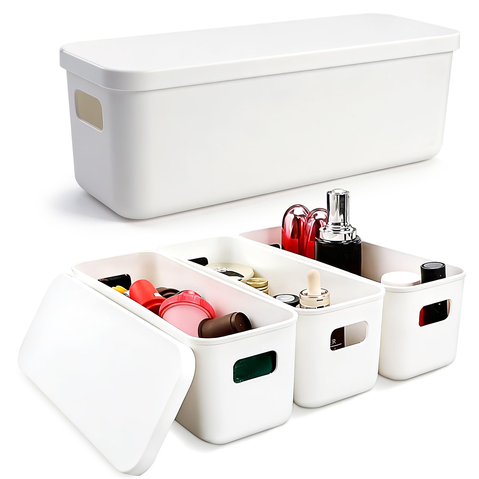 QUMENEY 4 Packs Narrow Plastic Storage Boxes with Lids White Shelf Baskets Kitchen Cupboard Drawer Organiser Storage Containers with Handle Rectangle for Bathroom Cabinet Shelves Desktop 28x10x9.2 cm