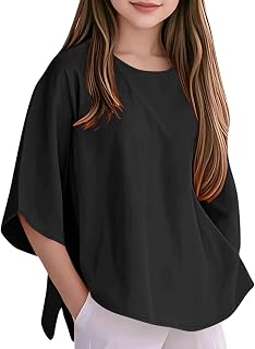 Camiseta de manga larga para niñas, cuello redondo, lisa, holgada, para correr, gimnasio, escuela, casual, moderna, diaria, cómoda, suave, ligera, Negro, 13-14 años