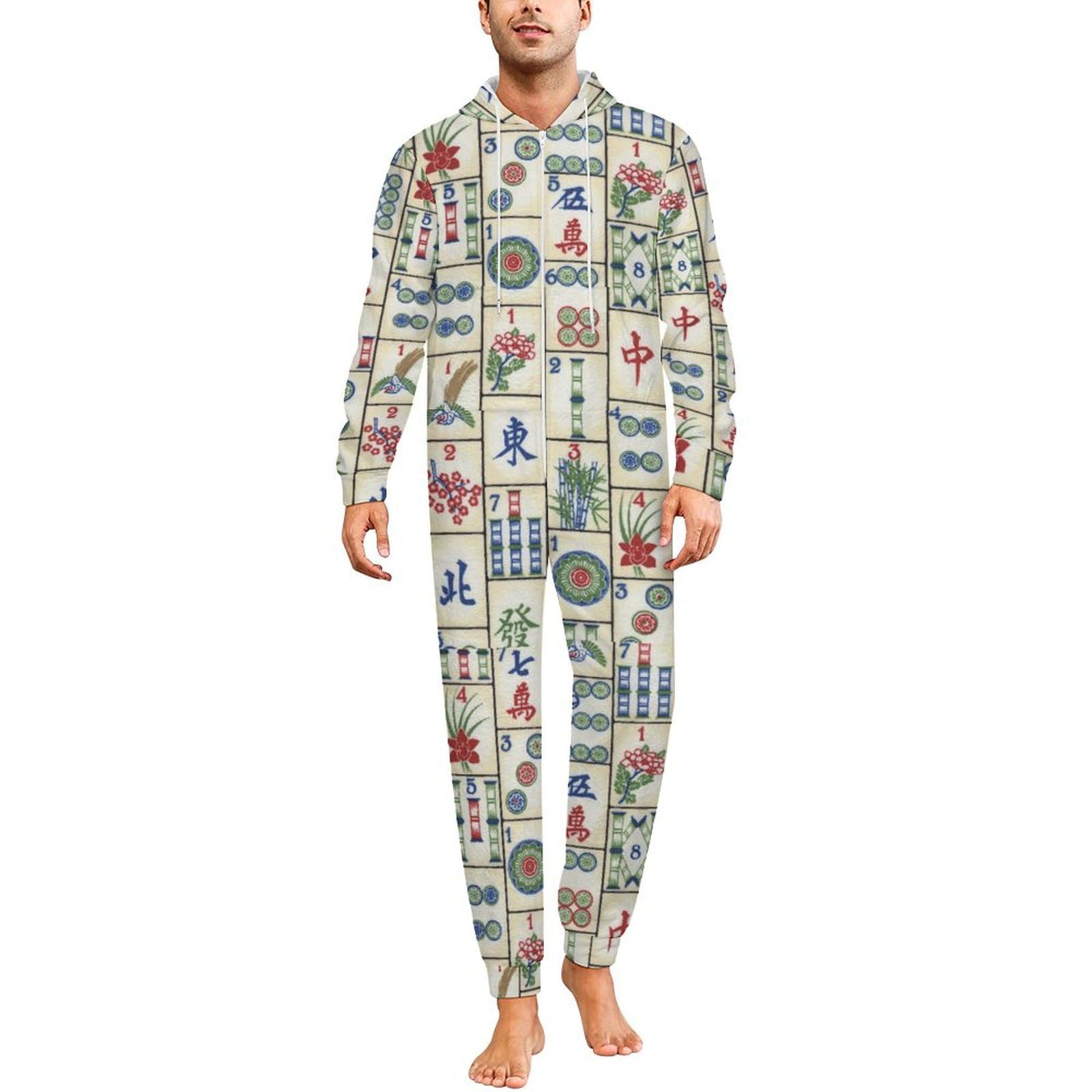 Fun Mahjong Herren-Schlafanzug, Einteiler, Flanell, lange Ärmel, Nachtwäsche