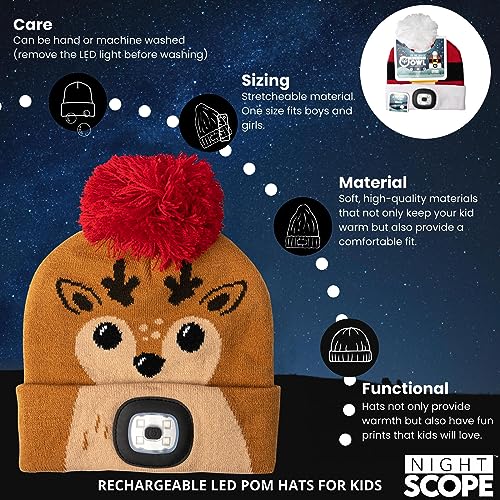 Kids LED Rechargeable Christmas Knit Beanie Head Lamp Hat for Boys and Girls - Reindeer3