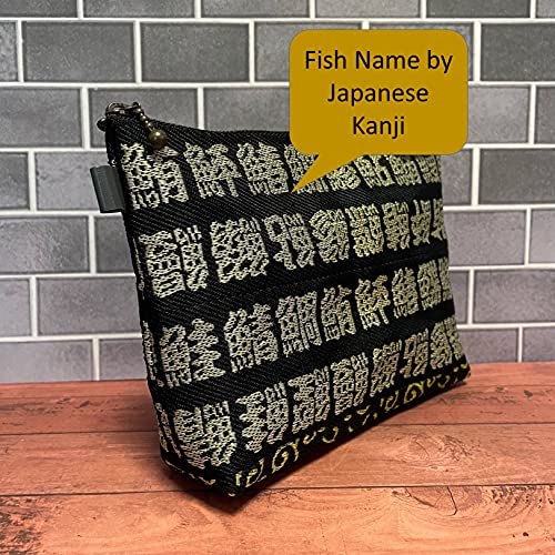 Image of Sekikawa Makeup Bag Travel Cosmetic Pouch Organizer Pen Case with Zipper Printed Fish Name by Japanese Kanji Sushi Kanji Textile, 9.1x5.5x1.0in (23x14x2.5cm)