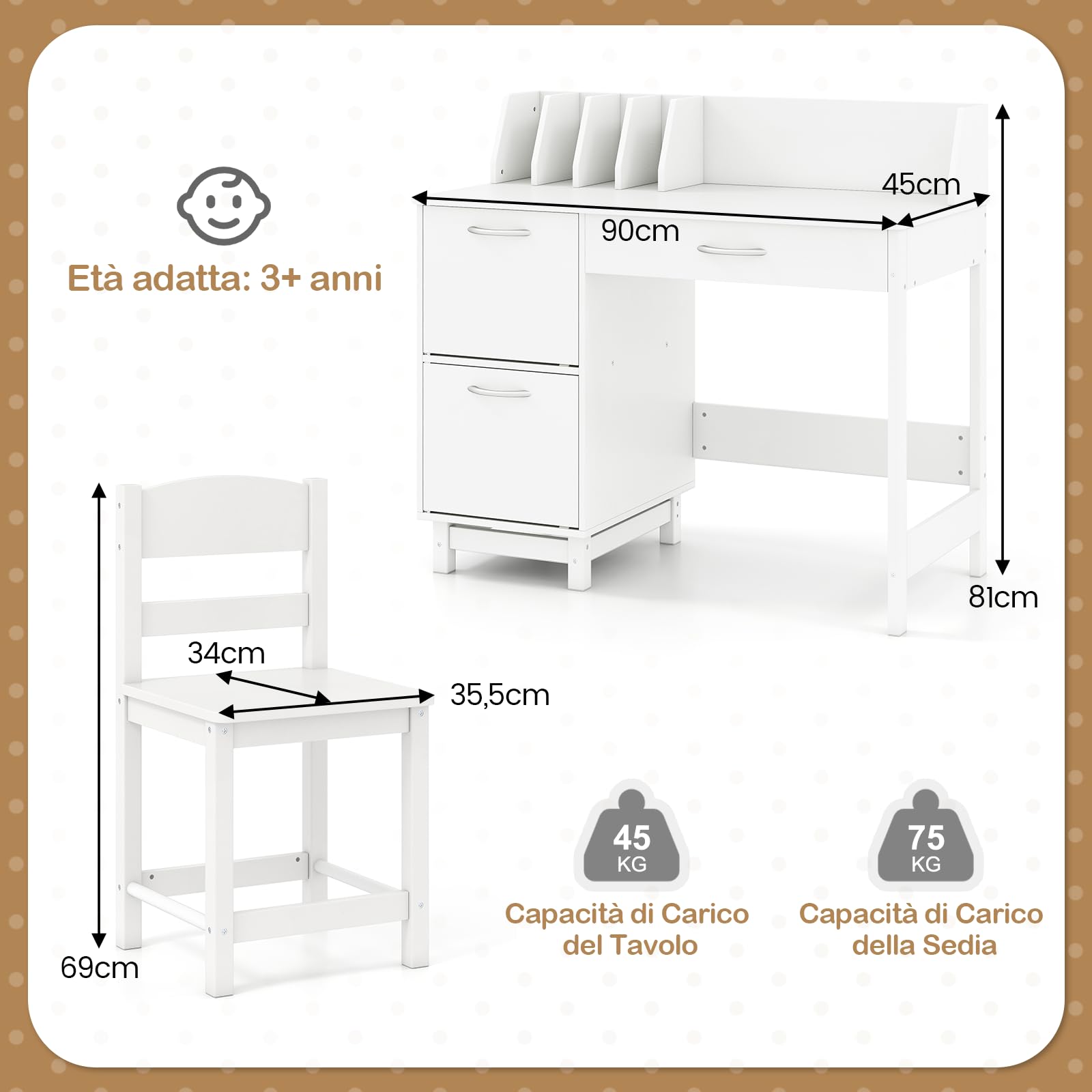 RELAX4LIFE Set Tavolo e Sedie per Bambini con Cassetto, Nicchia e Armadietto per Scuola/Studio, Adatto ai Bambini 4-8 Anni (BIANCO)