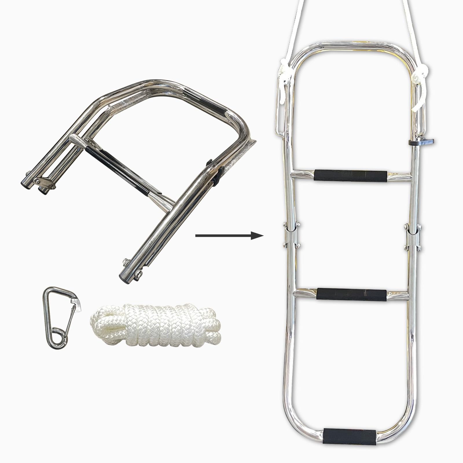 Seamax - Scaletta per imbarco a 3 gradini con manico e gancio integrati, in acciaio inox 316, telescopico, pieghevole, per gommoni, kayak e gommoni, antiscivolo, leggera, facile da riporre