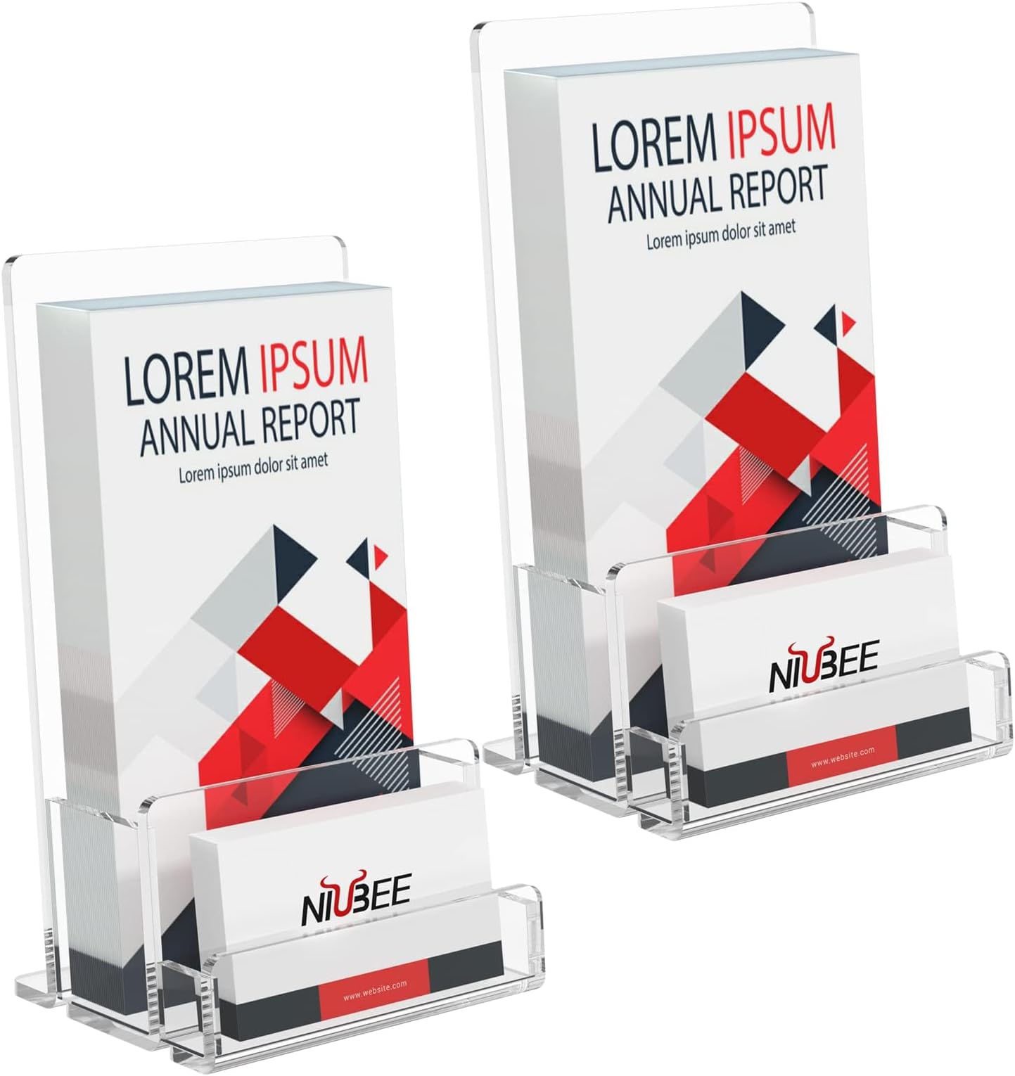 NIUBEE 2-Pack Acrylic Brochure Holder 4โโ , Clear Brochure Display Stand with Acrylic Business Card Holder, Plastic Flyer Display Stand for Magazine, Pamphlet, Booklets, Menu, Journals, Business Card