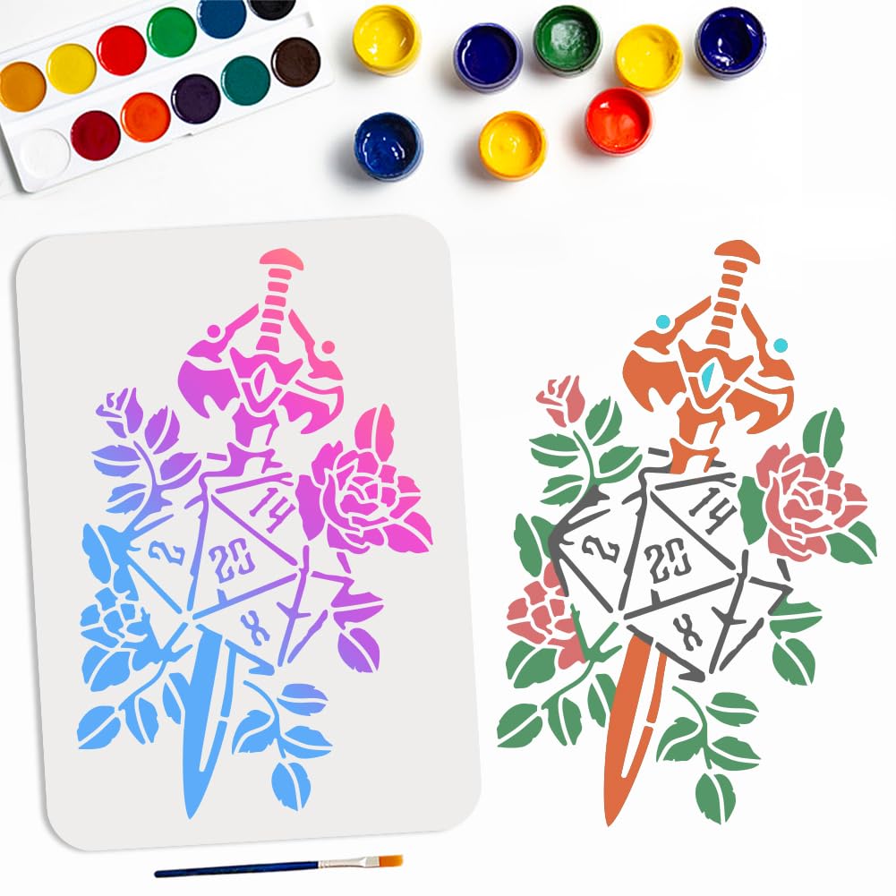 MAYJOYDIY Dagger Dice Flower Stencil 21×29.7cm Dice Sword Stencil with Paint Brush Reusable Rose Flower Sword Template for Painting on Wood Canvas Paper Fabric Walls Furniture