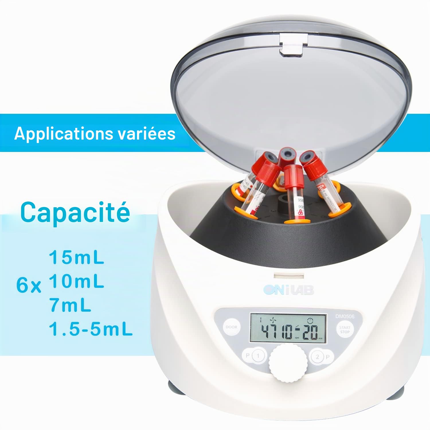 ONiLABCentrifugeuse de paillasse Lab PRP 6x15 ml/10 ml/7 ml/1,5-5 ml, 300-5000 tr/min (max. 2600 x g RCF), centrifugeuse de paillasse numérique à écran LCD avec minuterie 30 s-99 min, deux programmes