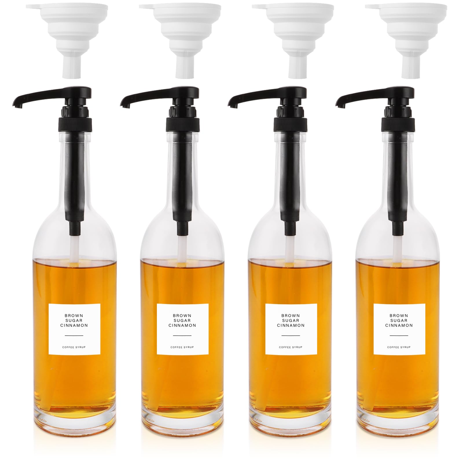 LOYORTY 4PCS 25.4 oz 750 ml Glass Coffee Syrup Dispenser, Syrup Dispenser for Coffee Bar, Syrup Black Pump Dispenser with Funnels for Coffee Bar Accessories & Organizer