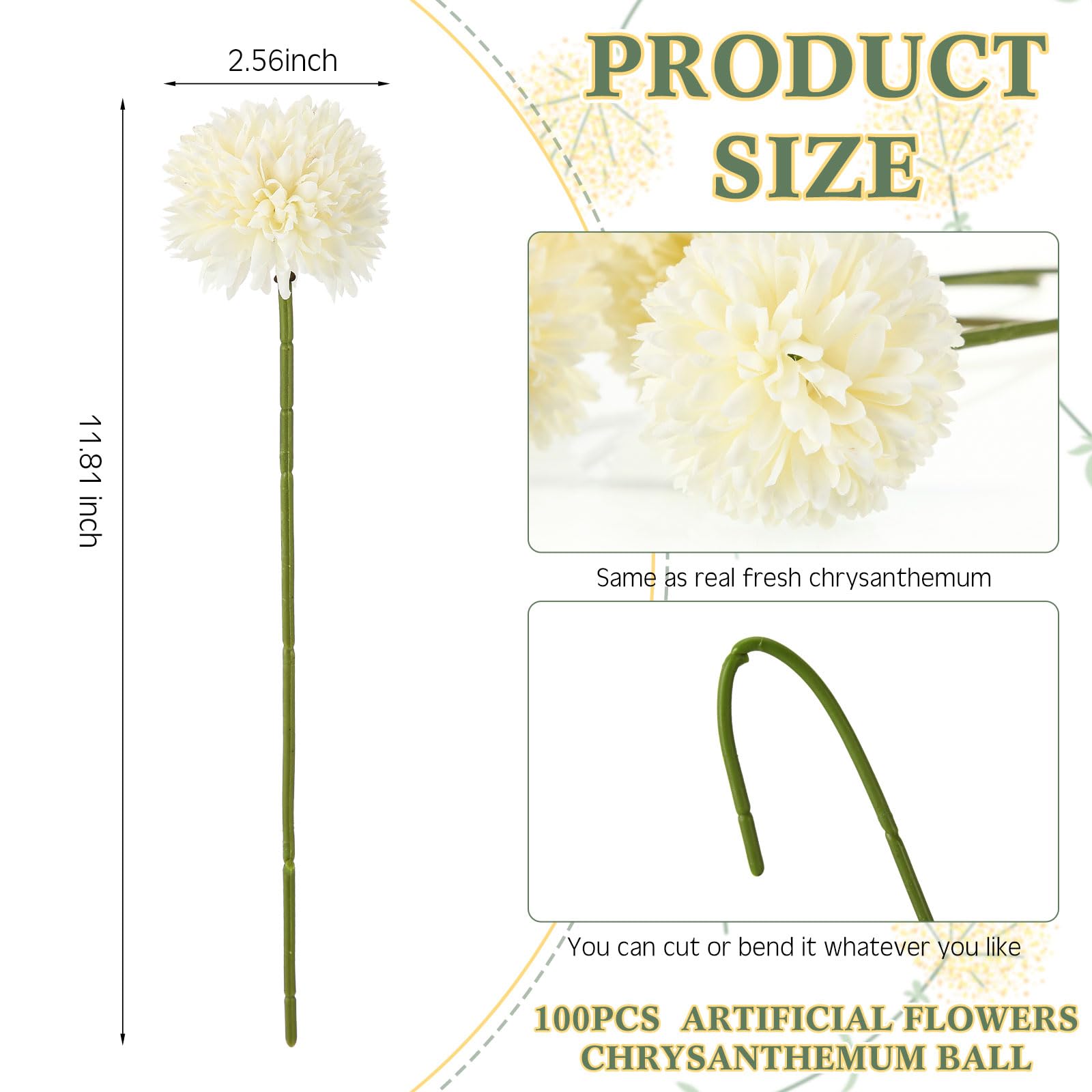 Tigeen 100 Pcs Artificial Flowers Chrysanthemum Ball Fake Flowers Lifelike Artificial Chrysanthemum Ball for DIY Wedding Bouquets Bridal Shower Table Centerpieces Home Kitchen Garden (White)
