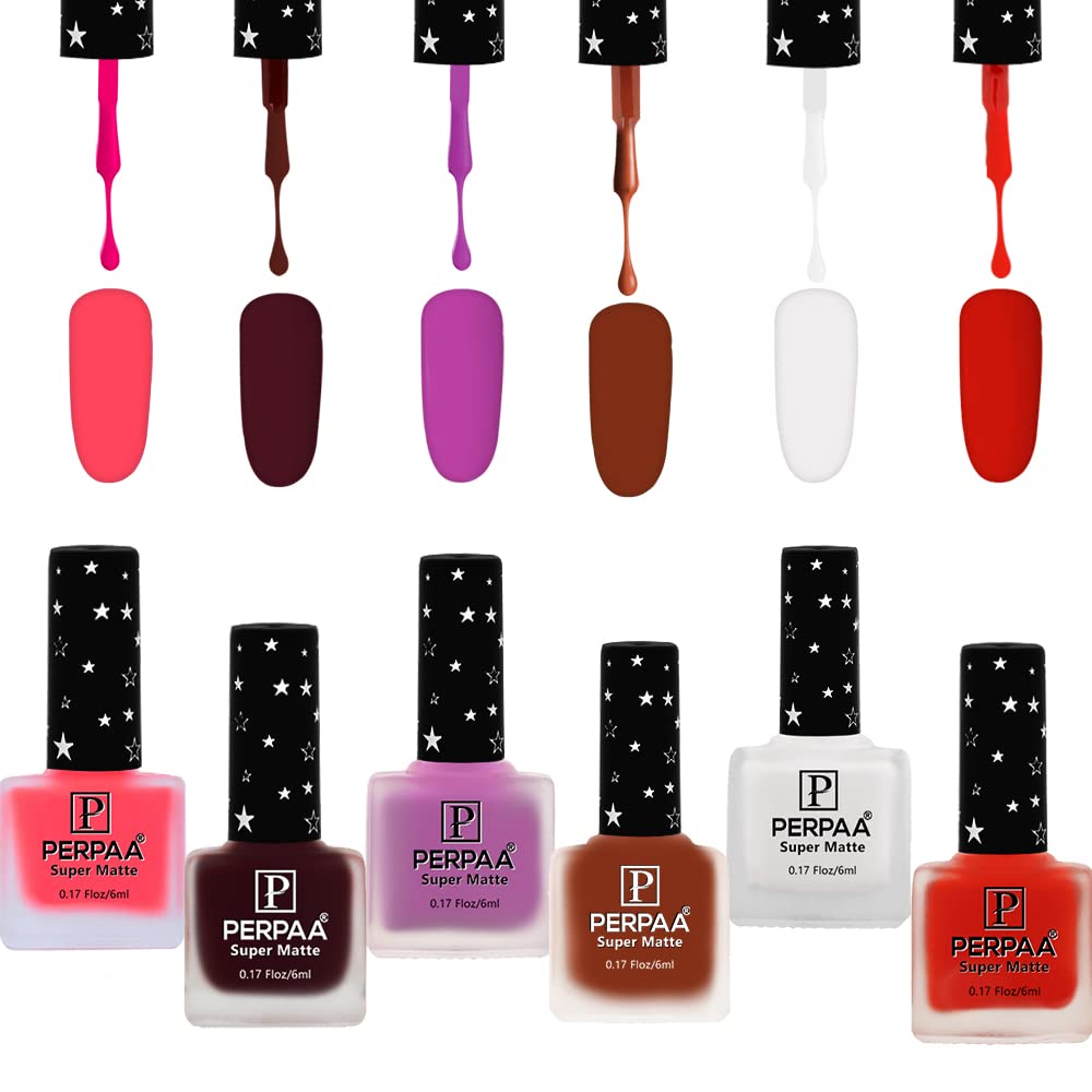 PERPAA® Super Matte Luxury Nail Polish Set of 6 Vibrant Shades 6 ML Each (Brown,Voilet,Pink,White,Red,Maroon)