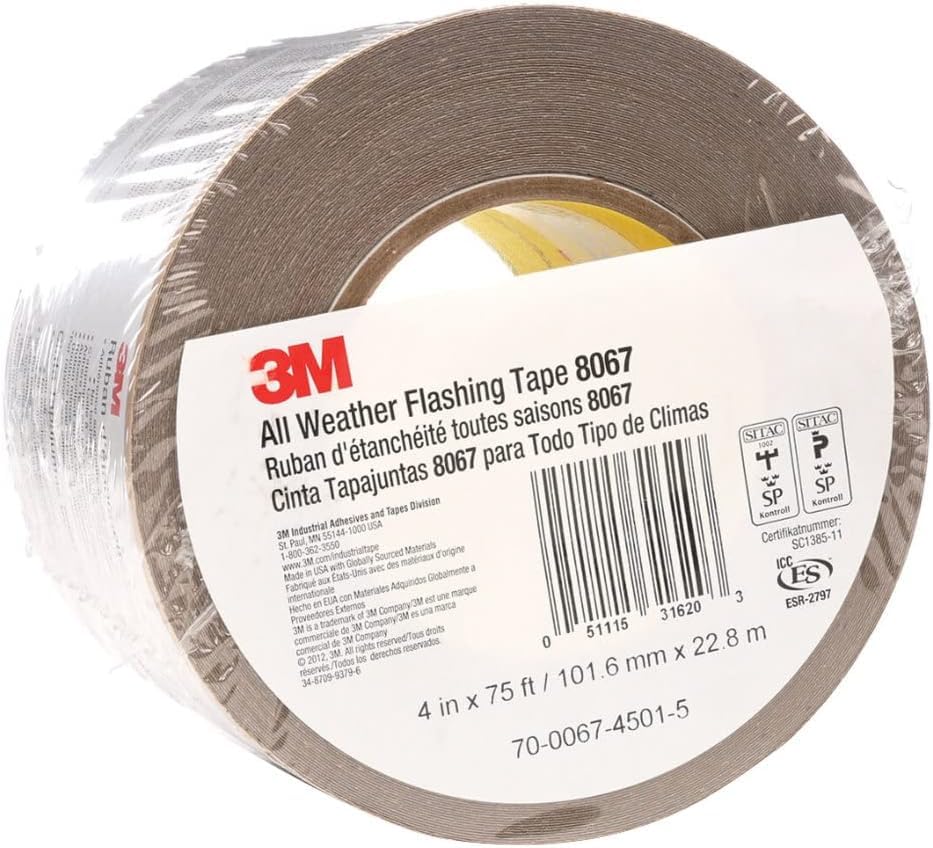 Image of 3M All Weather Flashing Tape 8067 (4 inch x 75 ft) - 1 Roll - Self-Adhesive Waterproof Flashing for Windows & Doors, Slit-Liner (2-2 Slit) (Pack of 12)
