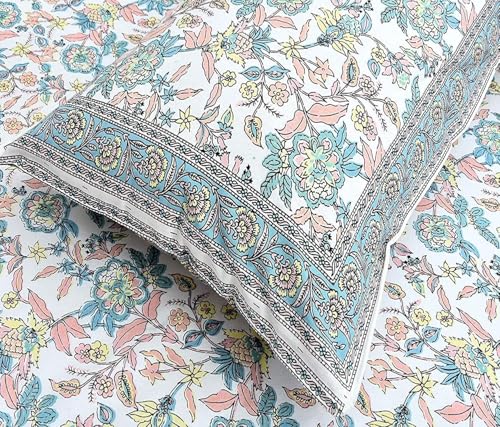 Image of elanorhomes 100% Cotton 240 TC Single Bed Sheet Set | Floral Hand Printed Bedsheet with Pillow Cover | Soft Breathable Fabric for Bedroom | 60x90 Inches (Rose Azure)