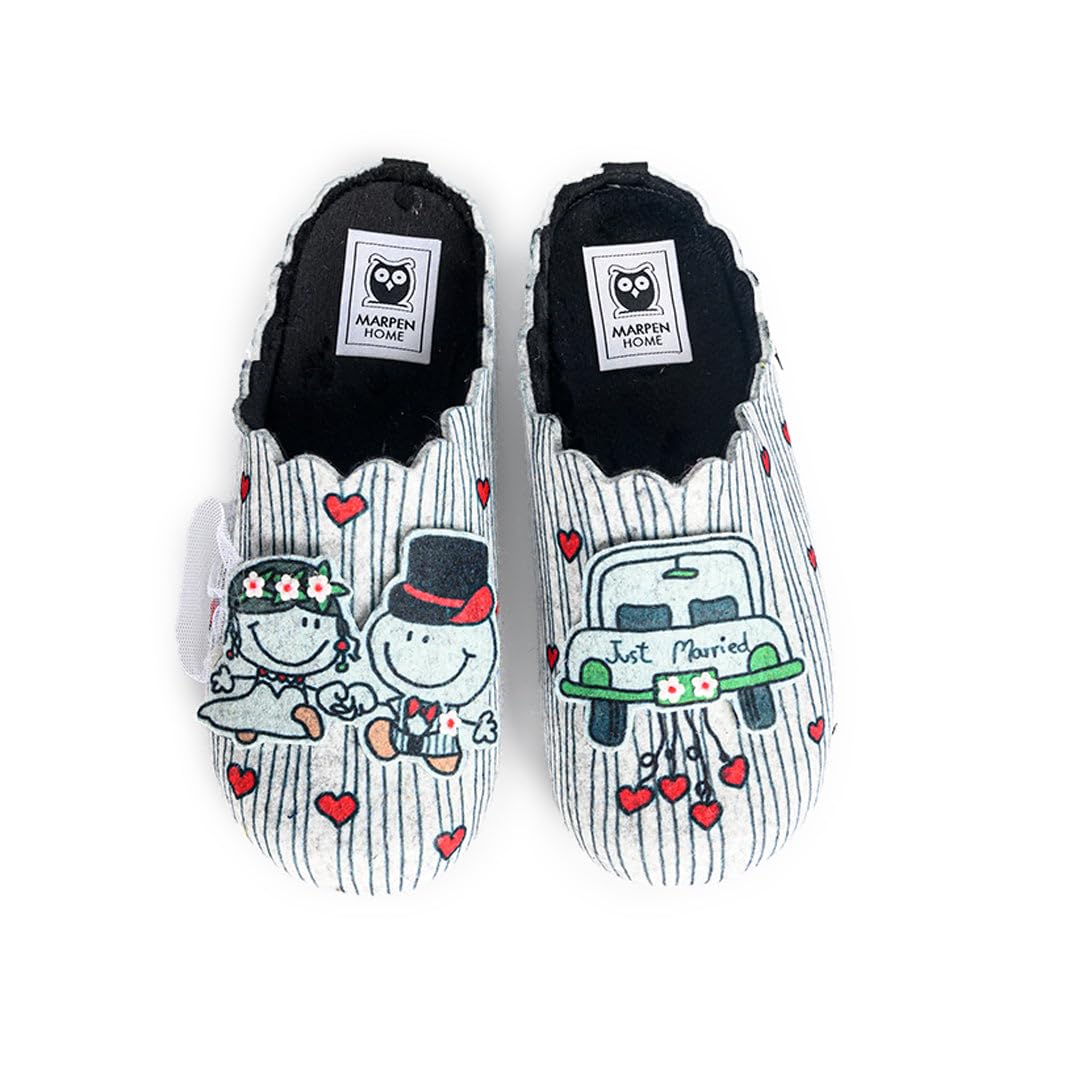 MARPEN SLIPPERS, Zapatillas de Casa de Invierno Abiertas de Fieltro con Bordado para Mujer, Just Married Gris y Verde, Talla 37