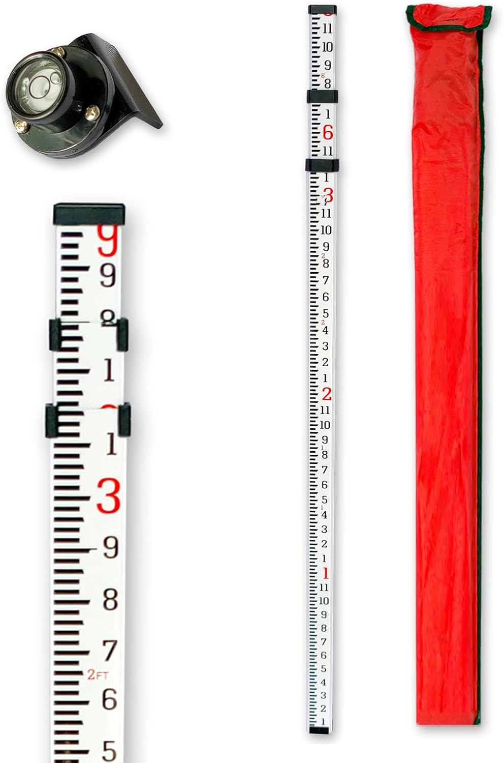 9-Foot Aluminum Grade Rod - 10ths,Grade Rod,Grade Stick for Laser Level,Survey Rod,Grade Rods,Survey Pole,With Bubble Level, 3-Stage Telescopic,Double-Sided Scale Telescopic Leveling Rod