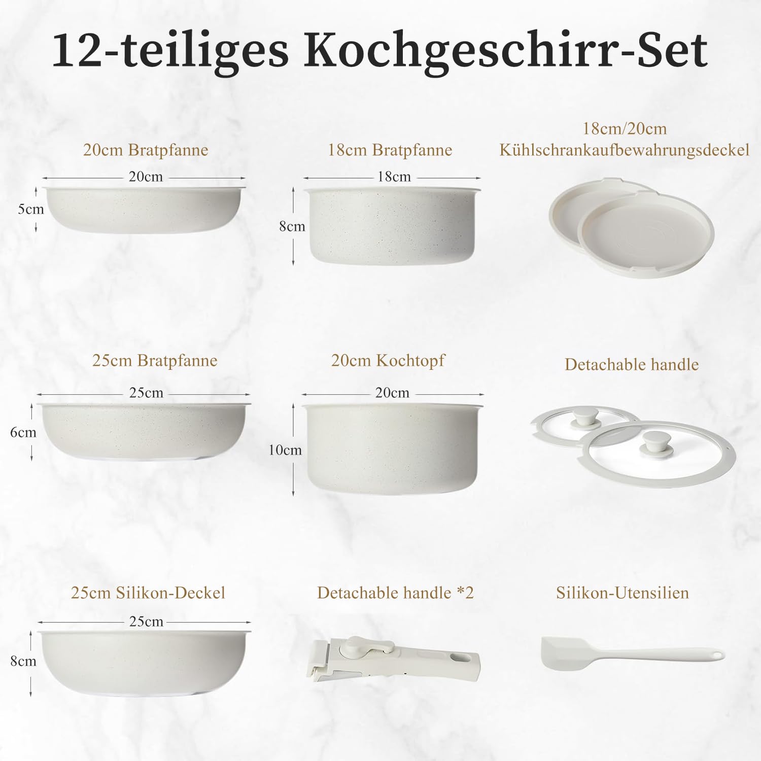 JHK 12-teiliges Topf- und Pfannenset – Antihaft-Kochgeschirr-Sets mit abnehmbarem Griff – Küchengeschirr für Ihre Bedürfnisse zu Hause, Beige
