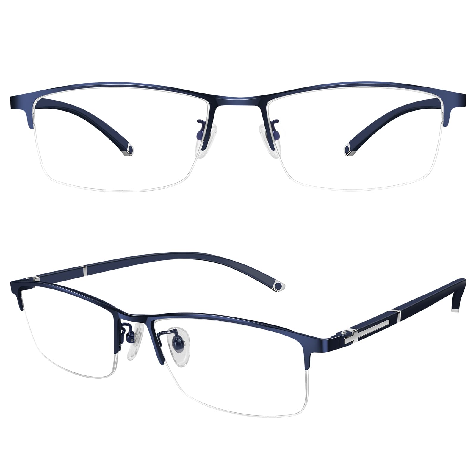 [KIHASU] 老眼鏡 ブルーライトカット メンズ レディース 樹脂製レンズ チタン合金 ハーフリム型メガネ ユニセックス ブルー 度数+2.75