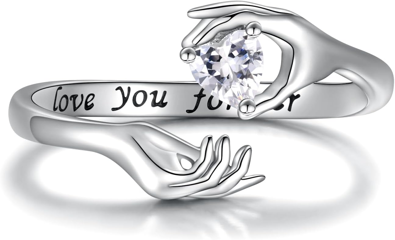 APOTIE Sterling Silver Love You Forever Ring, hands Promise Rings with The Letters of I Love You Forever Jewelry Gifts for Friendship Women Wife