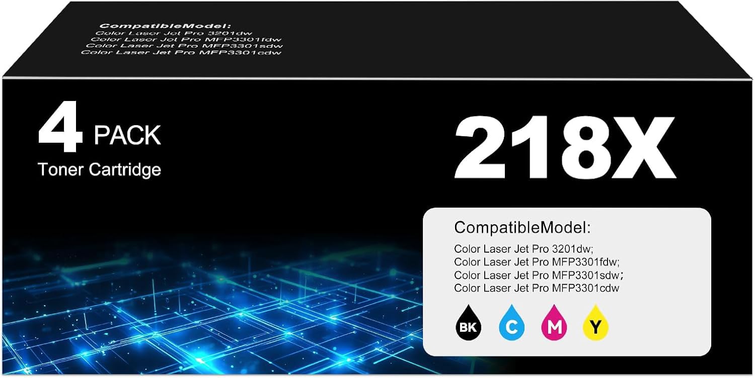 Photo 1 of 218X Toner Cartridges Replacement 3301sdw 3301fdw 3201dw Compatible for HP 218X 218A Toner (with Chip) W2180X W2180A Works for Pro 3201dw Pro MFP 3301fdw 3201dw 3301sdw Printer 4Pack(1BK+1C+1M+1Y)