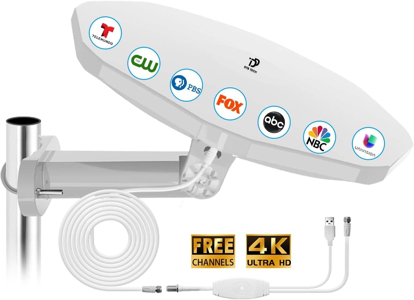 Antenne TV d'extérieur omnidirectionnelle à 360°, antenne d'extérieur numérique HDTV 4K pour Smart TV chaînes locales avec câble de 10 m et longue portée pour grenier/camping-car/camping-car