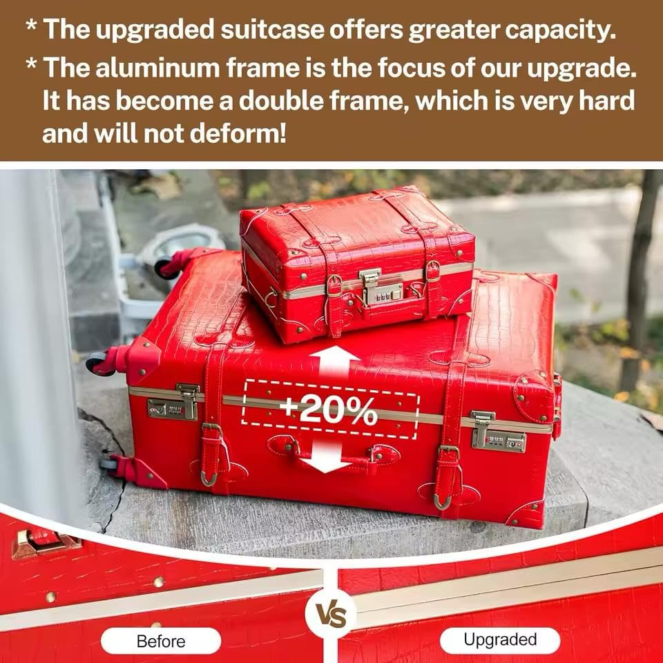 Vintage Style Luggage Set, 3-Piece Red Leather, 12/20/26 inch Spinner Suitcases with Double Aluminum Frame3