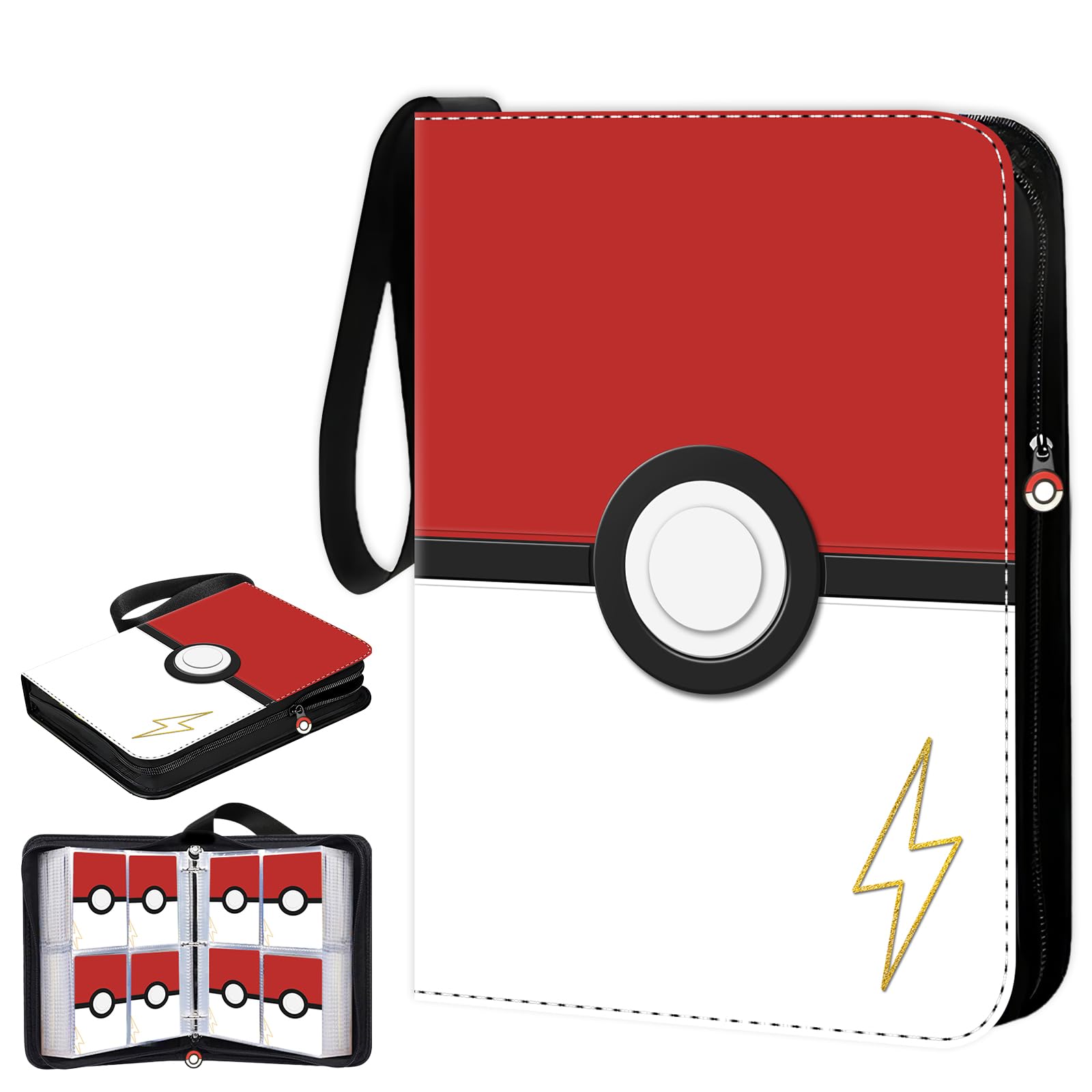 4 Pocket Trading Card Binder with Exclusive 3D Poke Ball Button, 440 Pockets PU Card Folder with 55 Double-Sided Sleeves, Portable Zipper Card Collection Album for TCG Game Cards Collectors