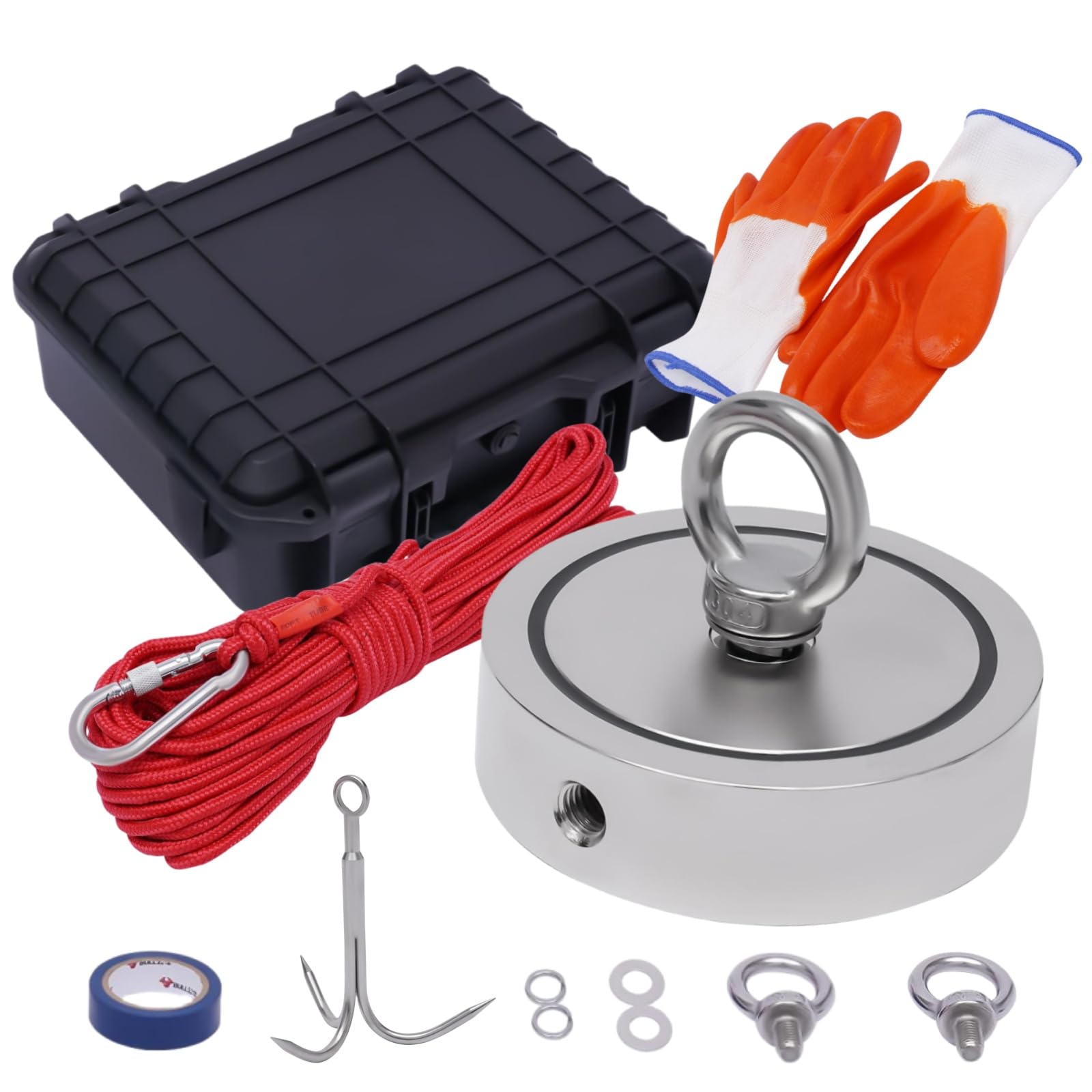 YIYIONCE 2625LBS Fishing Magnet Kit Double Side Magnet Fishing Kit Heavy Duty Salvage Magnet Set Included 100ft Rope, Gloves, Grappling Hook 4.57In Fishing Magnet Kit for Salvage Fishing | US Stock