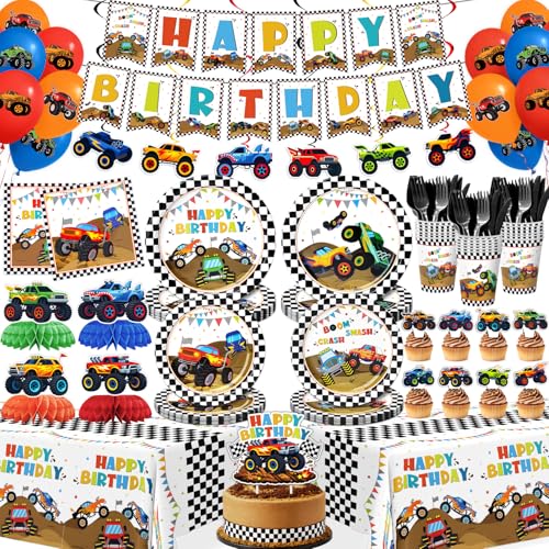 200 Pcs Monster Truck Birthday Party Supplies (Serves 24) Monster Truck Party Tableware Birthday Party Decorations Set Include Banner Plates Napkins Cups Forks Knifes Tablecloth Topper for Party