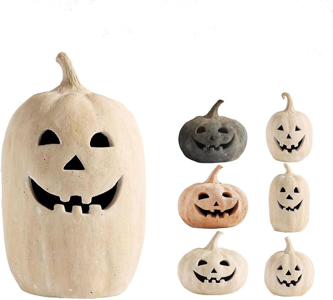 Halloween Pumpkin Lantern Figurines-Vintage Jack-O-Lantern Bar Decor, Handmade Tabletop Props for Haunted House Parties, Indoor Outdoor Fall Farmhouse Porch Fireplace Living Room Decorations