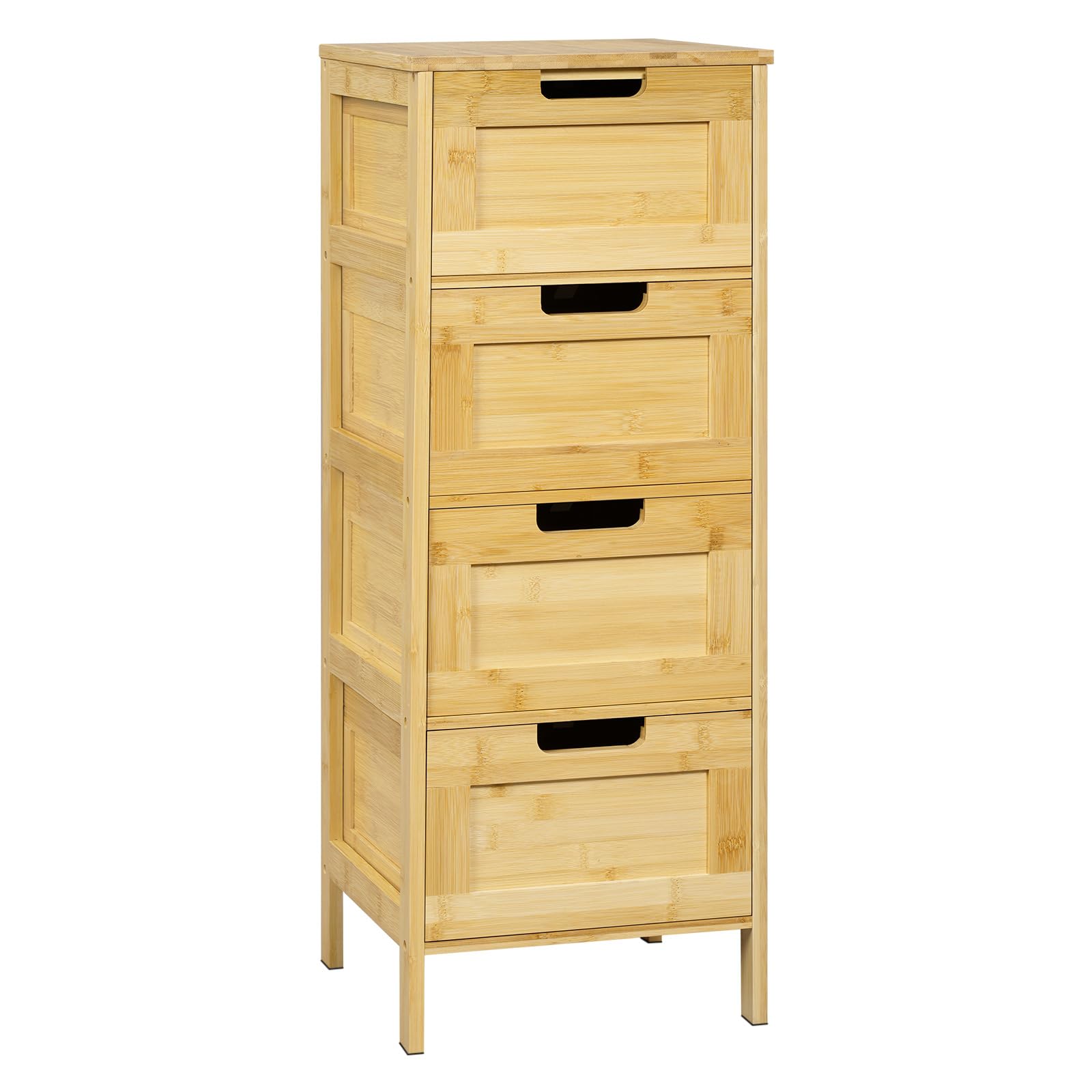 EUGAD Badezimmerschrank, Badschrank Bambus, Badregal mit 4 Schubladen, Badkommode stehend, Beistellschrank für Badezimmer Küche Flur, 30x80x30 cm