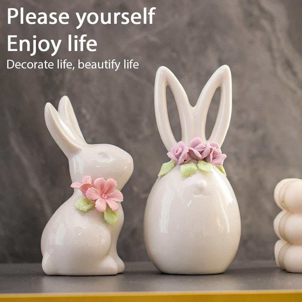Statuetta in ceramica a forma di coniglietto bianco con fiori per primavera, Pasqua, casa, ufficio, scrivania, mensola decorativa