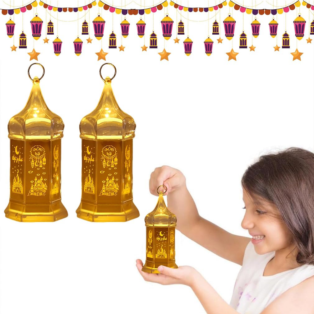 Aowin Ramadan Candle Lantern Lights Golden Eid Mubarak Flameless Led Candle Light Desktop Muslim Night Light Table Lamps Crafts Hanging Lantern Holiday Home Party Eid Decorations (2pcs)