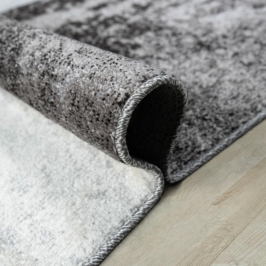 oKu-Tex Teppich Wohnzimmerteppich [80x150 cm] weicher Kurzflor grau rot meliert - Grauer Teppich für das Wohnzimmer - Carpet Living Room - geometrisches Patchwork Design - Deutsche Marke