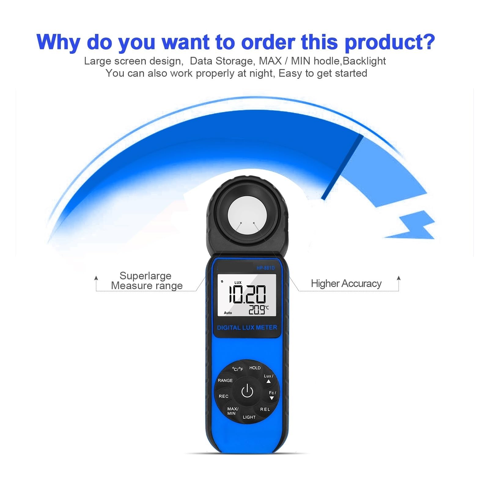 Medidor de Luz, Luxómetro digital compacto, pantalla de gráfico de barras de 3999 cuentas, transductores de diodo de silicio con filtro de luz for monitorizar el crecimiento de las plantas.(Yellow)