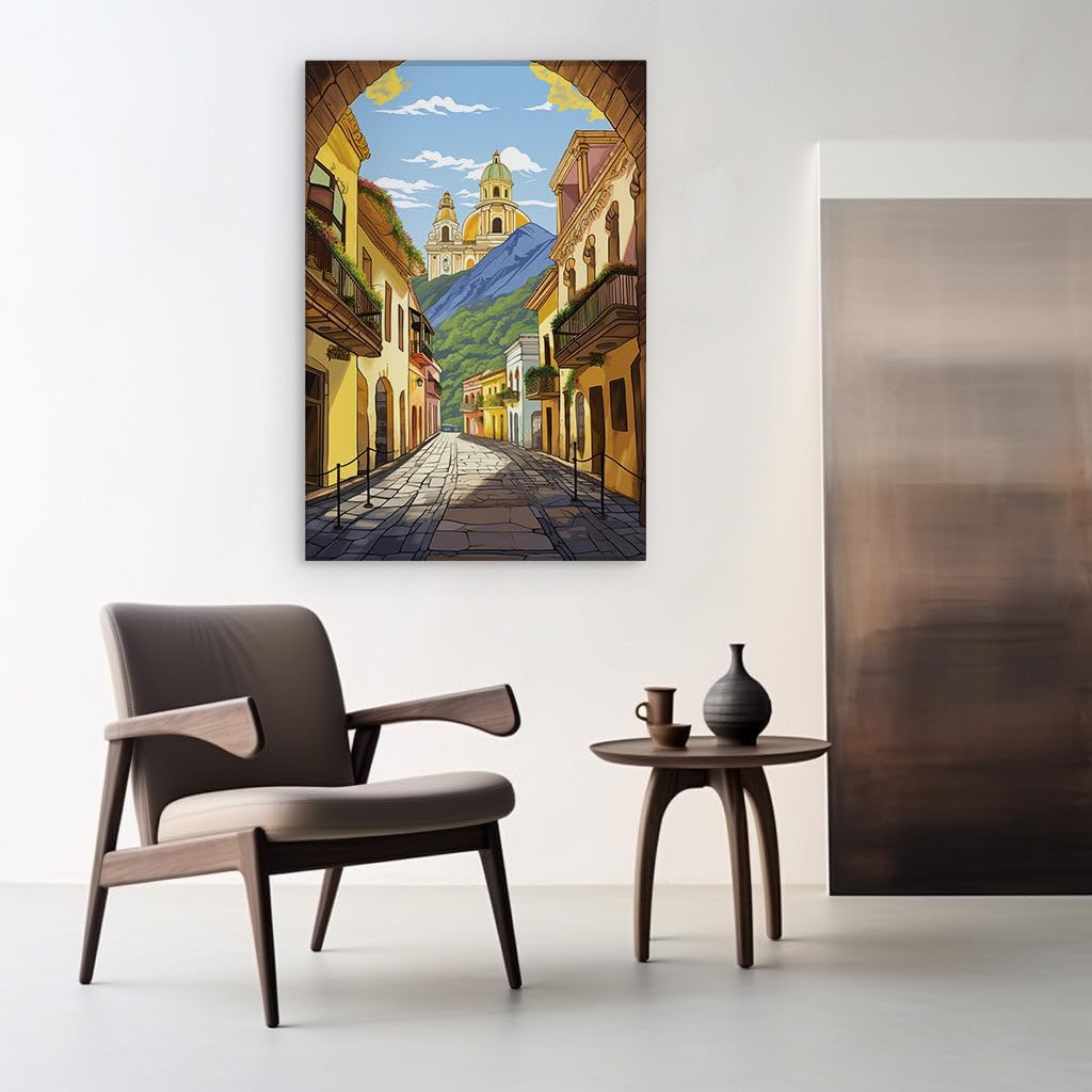 Canvas for Living room. Serene Streetscape: Where Old World Charm Meets Mountain Vistas, 27 x 18 inch Canvas Wall Art - Modern Home Decor