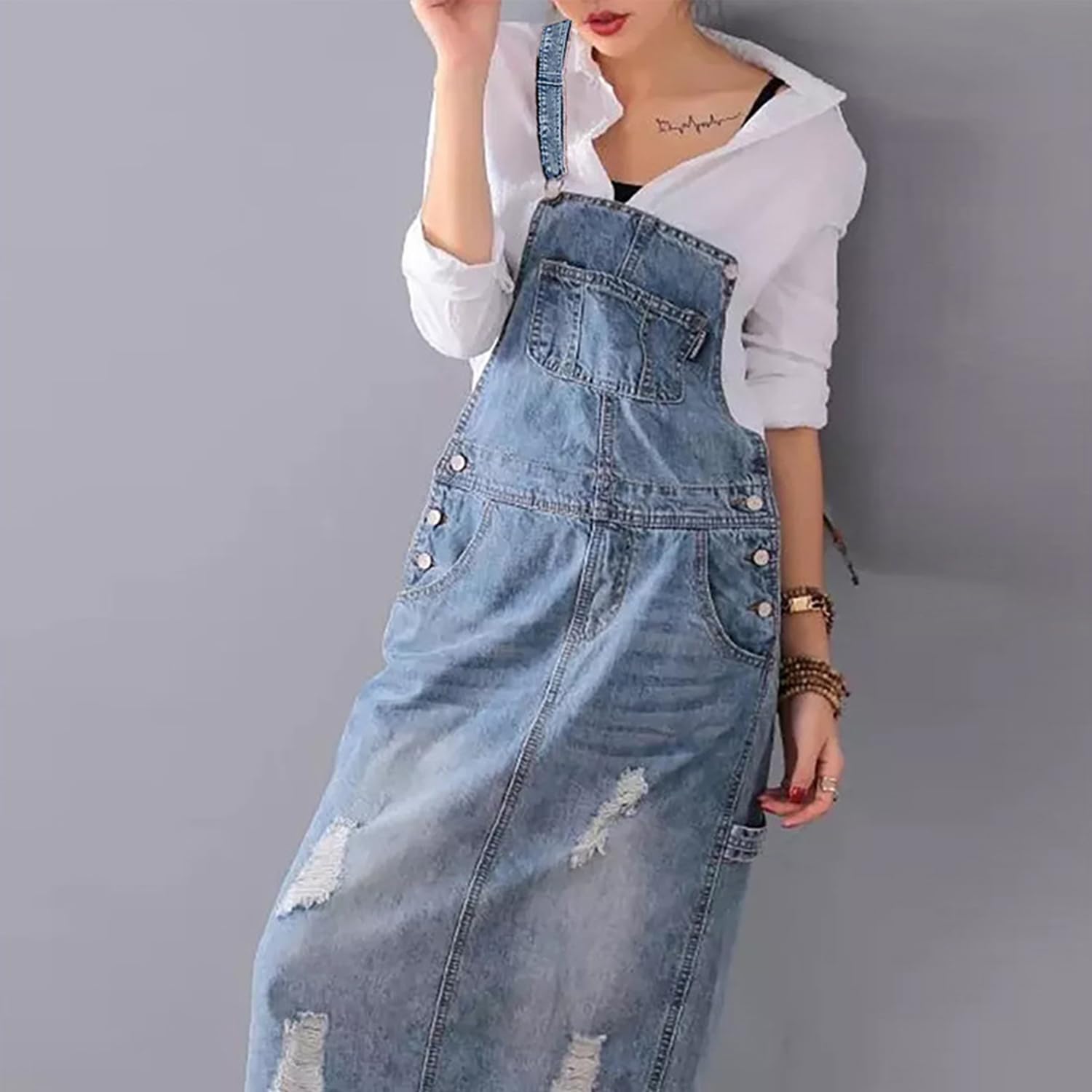 Femmes Vintage Classique Bretelles Longues Jupes Denim Délavé Délavé Salopette Robe Jupes Trous Déchirés Salopette Pinafore Salopette