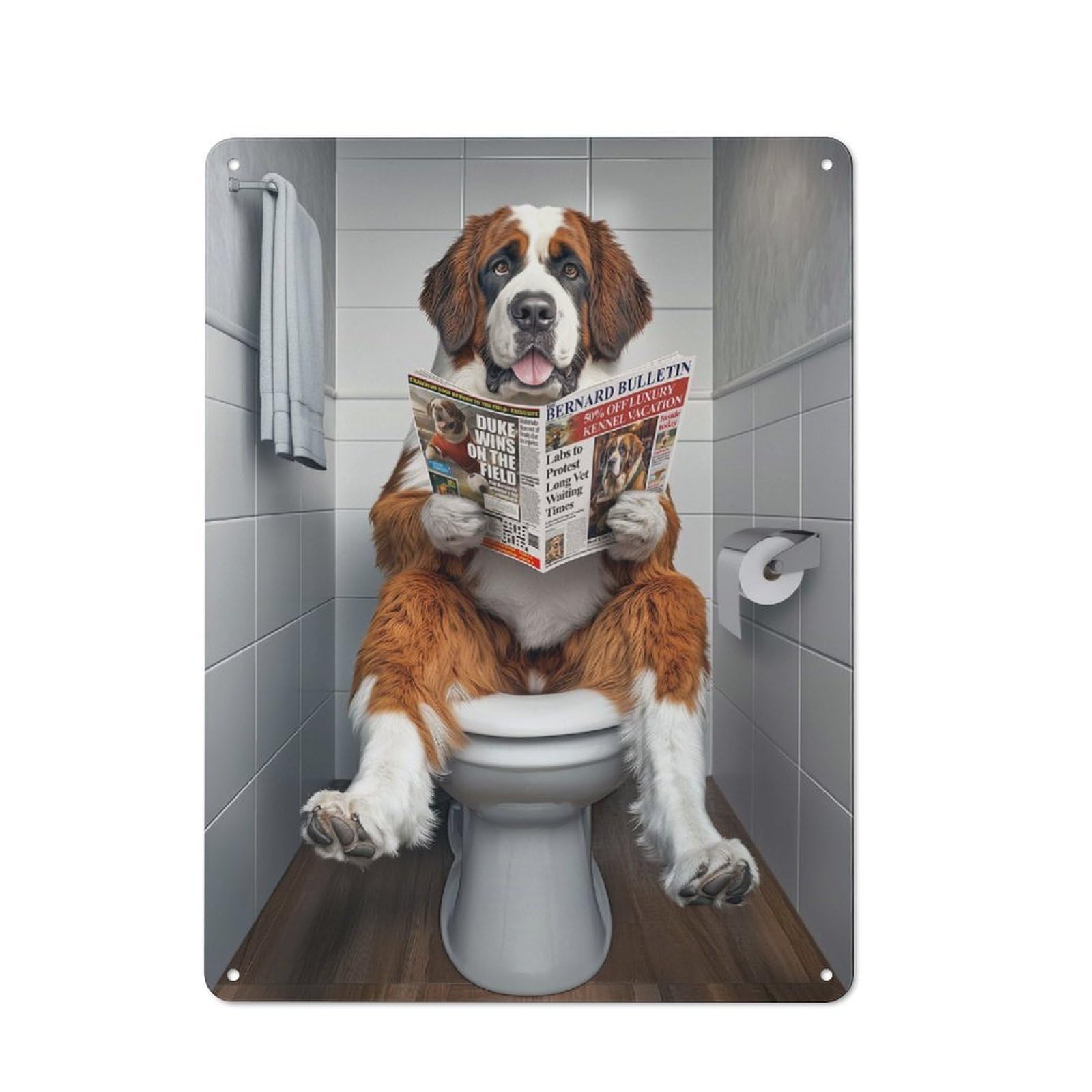 Junmoney St Bernard On The Toilet Metal Wall Sign 40X30cm Featuring For Home Bar Wall, For Themed Interiors In Home Bars And Entertaining Spaces