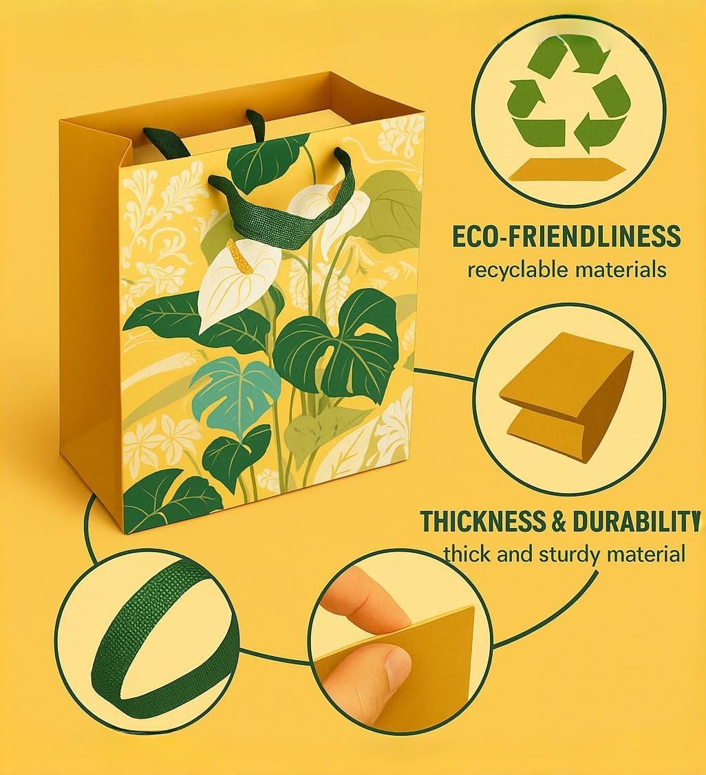 Gift Bags with Handles yellow Flower pattern Tissue Paper Medium Size Girls Women Birthday Baby Shower (6pcs bags &18pcs Tissue Paper - Image 4