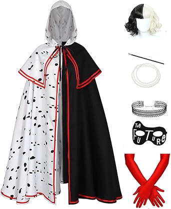 Cruella Deville Cosplay Cloak with Hooded luxury Capes Black White Women Cruella Robe Wig Gloves for Halloween Party