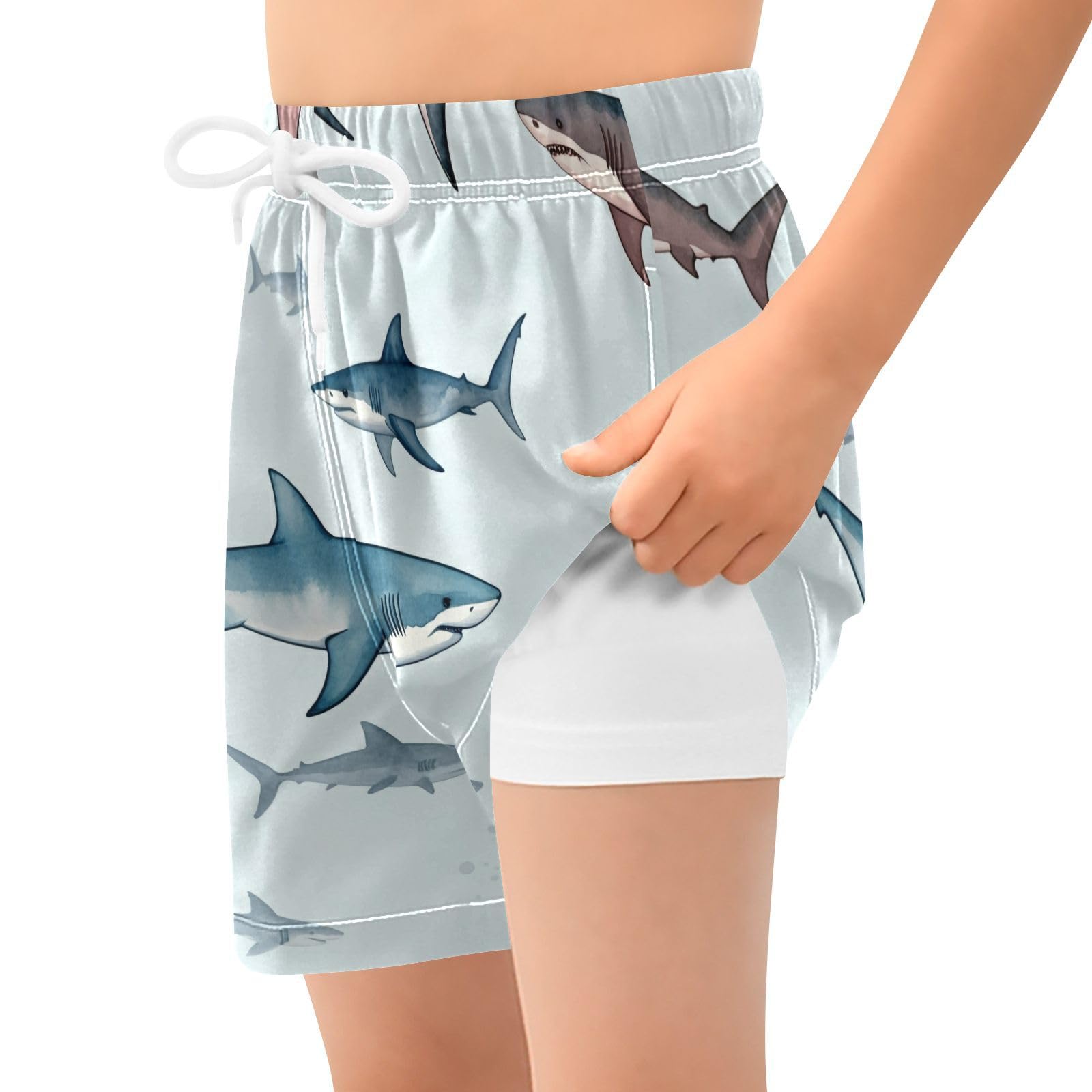 YANENDIE Boy Swim Trunks with Compression Liner Watercolor Sharks Boys Swim Shorts Quick Dry Beach Shorts