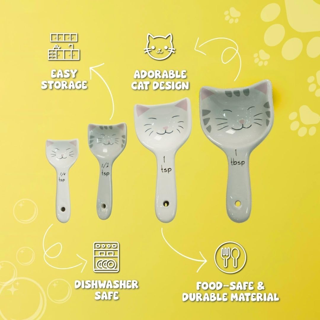 Cat Measuring Spoons - Cute Measuring Spoons Set w/Ribbon- Cat Kitchen Accessories for Cat Baking Supplies - Ceramic Measuring Spoons Set - Cat Themed Kitchen Items- Baking Gifts for Women (Set of 5)