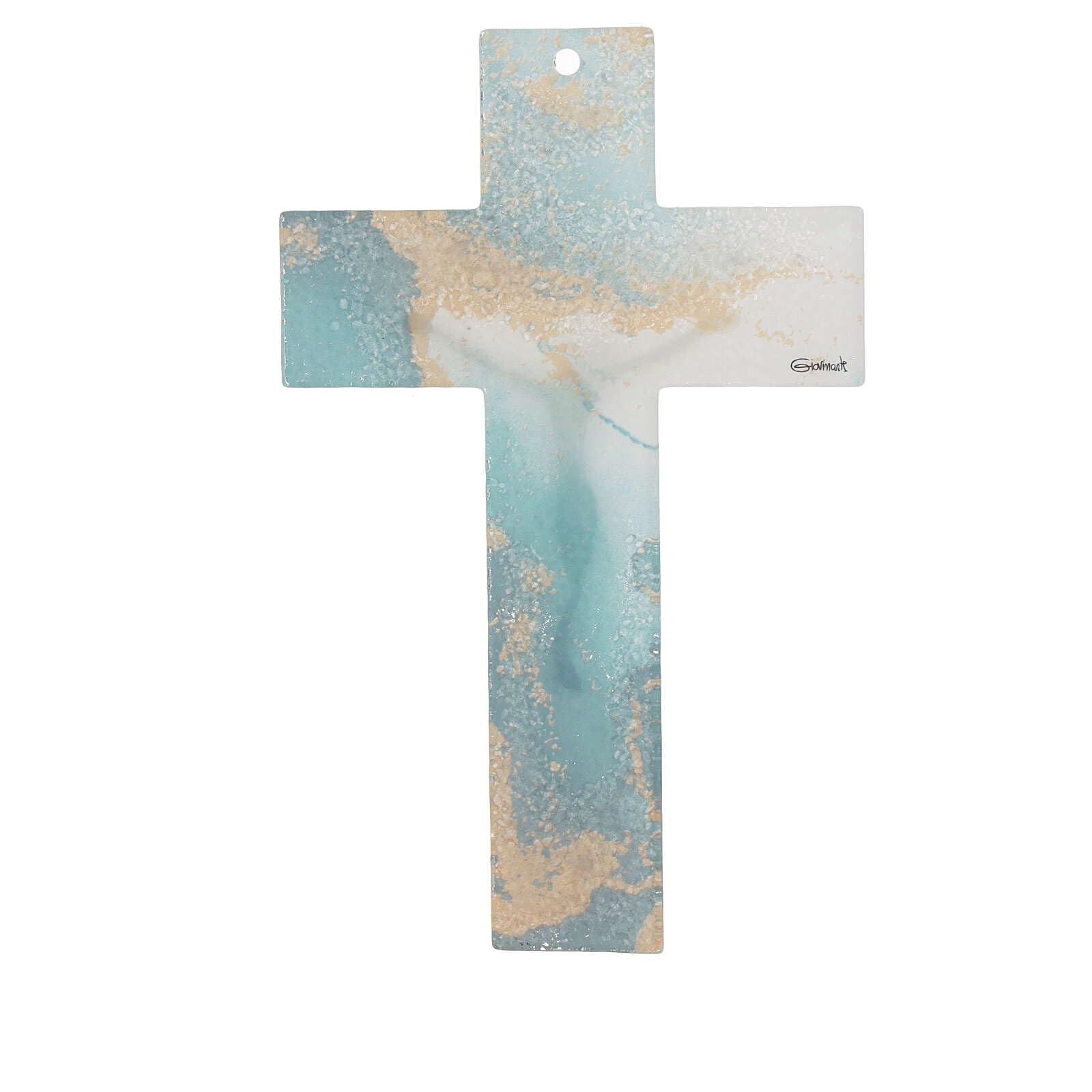 Holyart Croce marmorizzata verde oro vetro Murano 20x15 cm