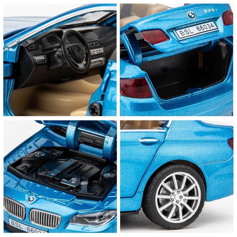 Image of Kids Model 1:32 BM 535I Die Cast Metal Car Pull Back Action Opening Doors with Realistic Engine Sound Lights Toy Car Gift for Boys - Blue