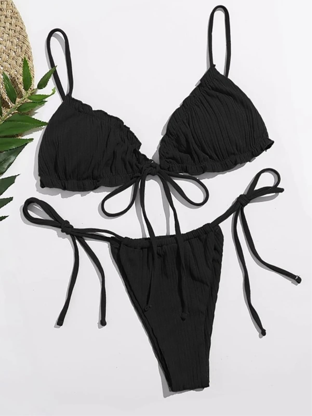 Bikini Donna Donne A Costole Verde Set Triangolo Costume da Bagno Cravatta Side Beachwear-Black-s