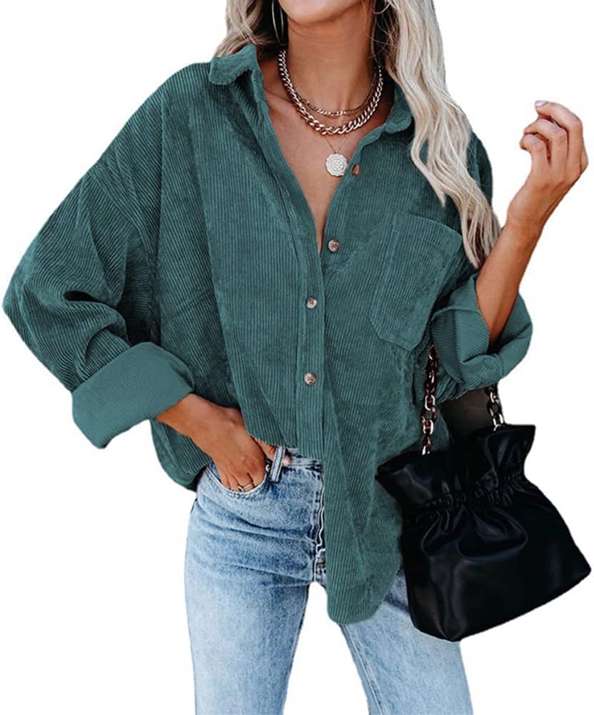 Women's Corduroy Button Down Pocket Shirts Loose Casual Long Sleeve Blouses Tops Long Sleeve